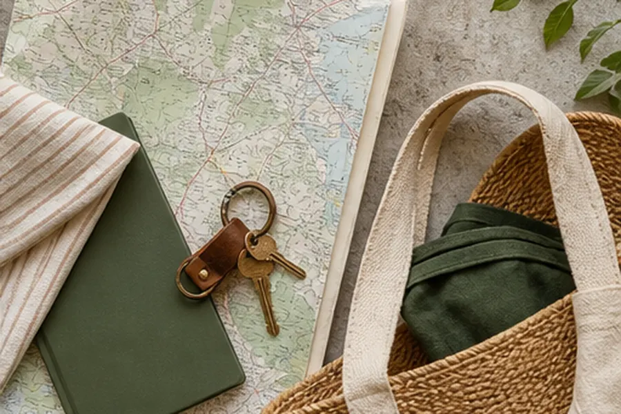 Travel planning flat lay with map notebook keys and reusable bags
