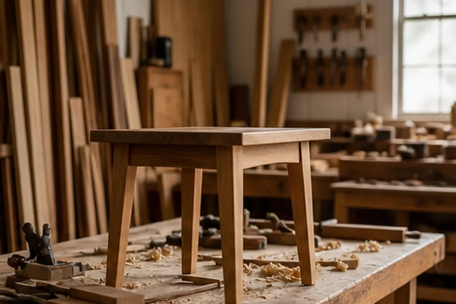 Furniture workshop with hand tools and wood shavings