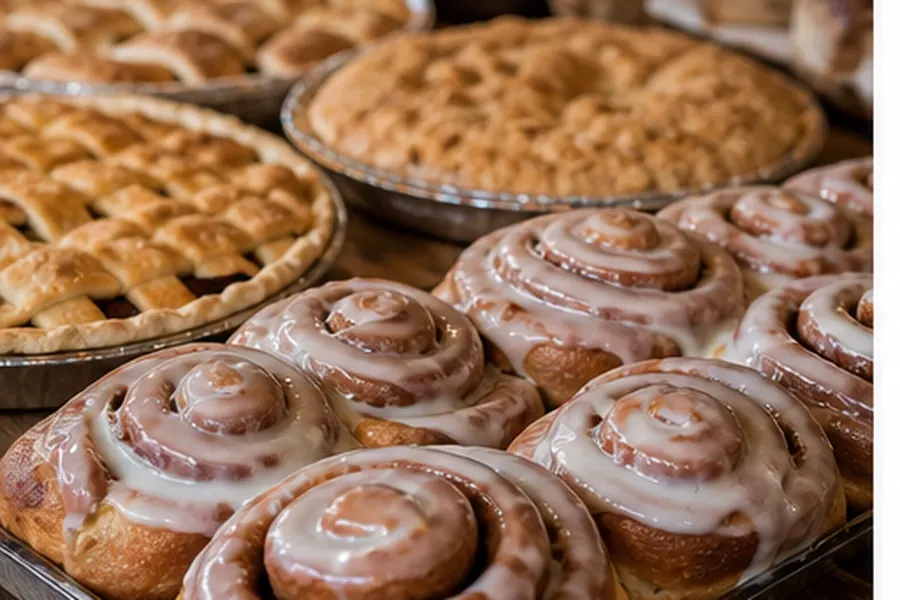 Cinnamon rolls and pies on a bakery counter