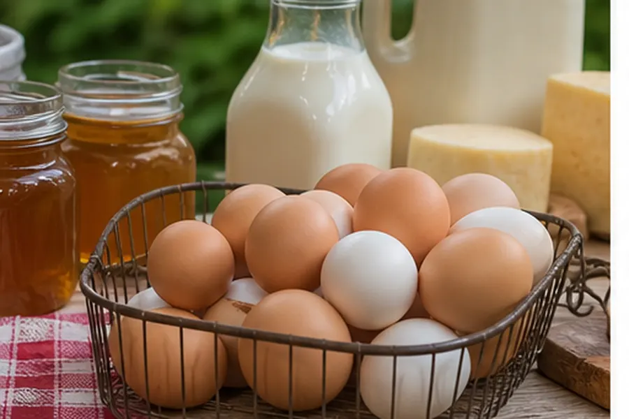Fresh eggs honey and dairy arranged at a farm stand
