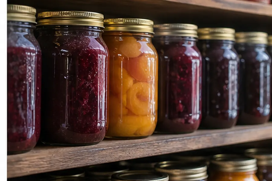 Canned preserves and jams on warm wooden shelves