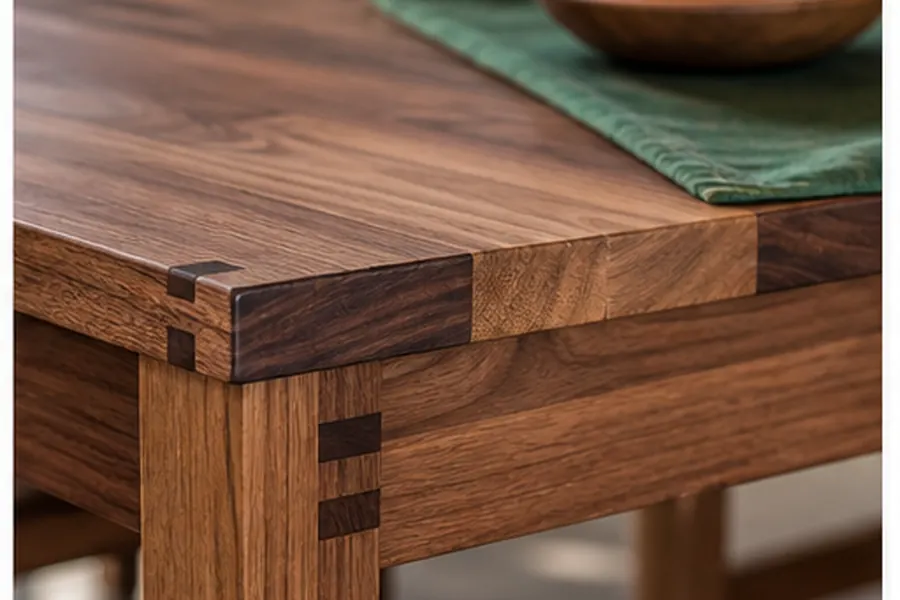 Hand-planed hardwood table detail with visible joinery
