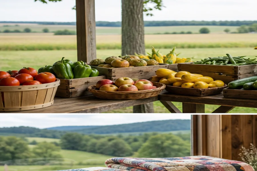 Illinois prairie farm market table with late summer produce
