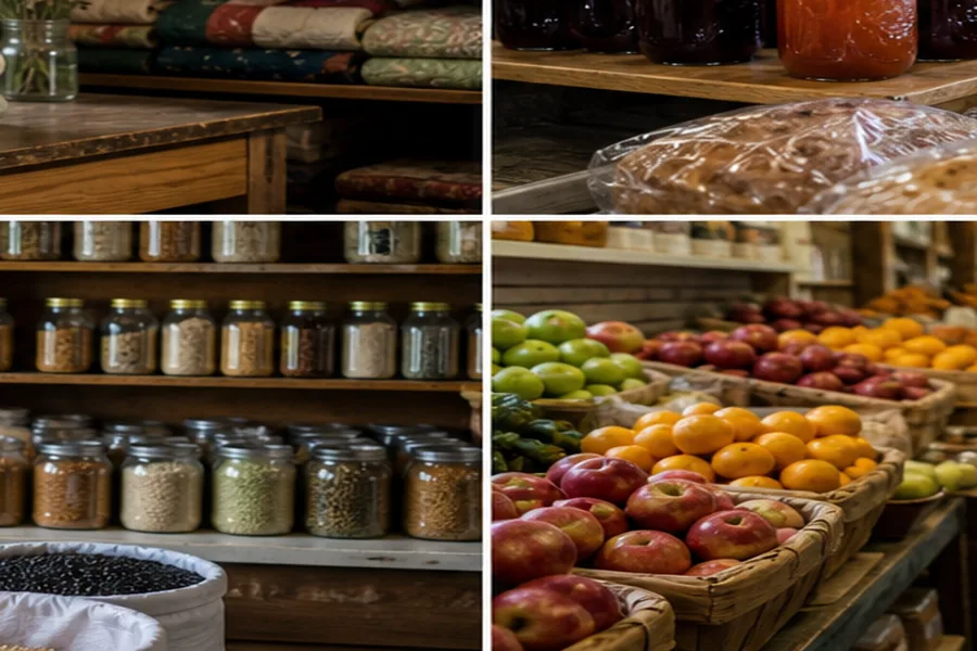 Iowa countryside bulk goods pantry scene with sacks and jars