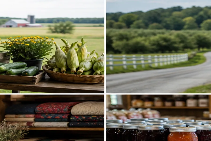 Michigan orchard country road with farm stand baskets