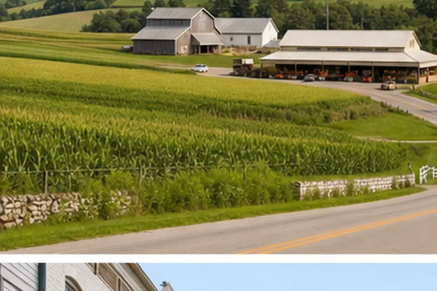 Rolling farmland and country market building for Pennsylvania Amish store pages