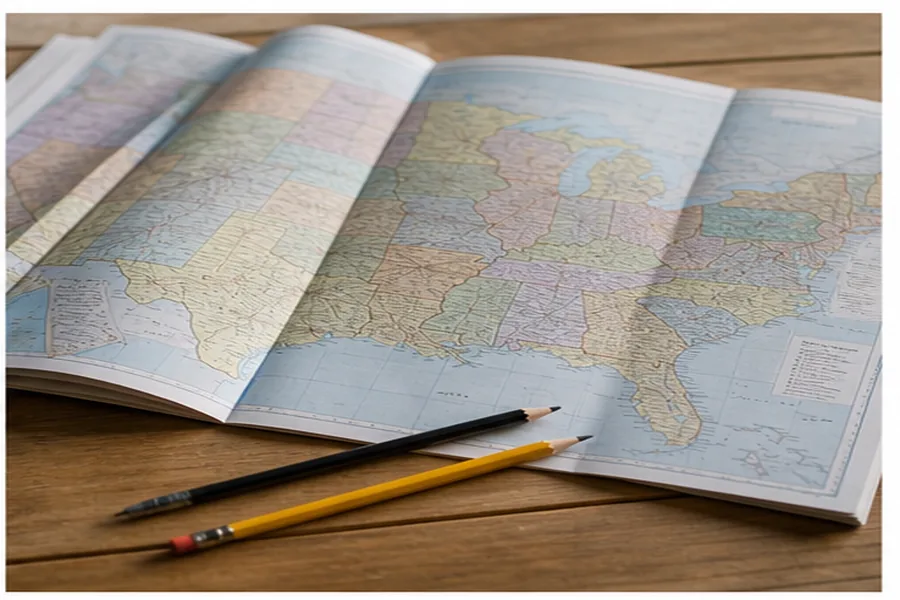 Folded road atlas and pencils for browsing Amish stores by state