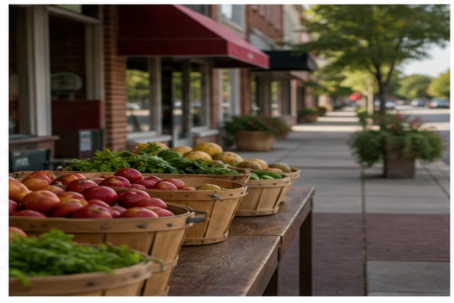 City market storefront row with produce baskets for local directory pages