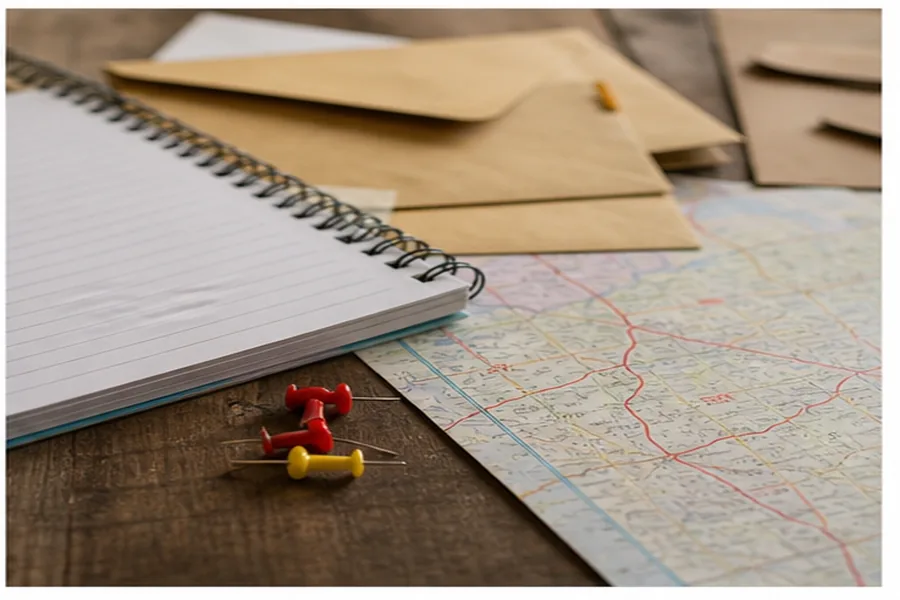 Notebook envelopes and map pins for listing correction workflow